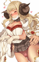 Rule 34 | 10s, 1girl, ahoge, anila (granblue fantasy), blonde hair, blush, breasts, censored, cleavage, cum, draph, closed eyes, gloves, granblue fantasy, heart, horns, large breasts, long hair, mosaic censoring, naha78, penis, pussy, sheep horns, simple background, skirt, solo focus, thigh sex, torso grab, white background