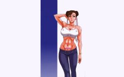 Rule 34 | 13 (kaiten sommelier), 1girl, :o, bracelet, breasts, brown hair, camisole, capcom, chun-li, denim, double bun, earrings, covered erect nipples, female focus, fingernails, hand on head, highres, jeans, jewelry, large breasts, long fingernails, midriff, nail polish, pants, solo, stomach, street fighter, third-party edit, wallpaper