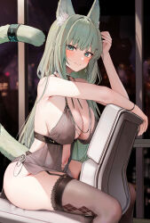 Rule 34 | 1girl, animal ear fluff, animal ears, arknights, blush, bracelet, breasts, cat ears, cat girl, cleavage, earrings, extra ears, feet out of frame, garter straps, green eyes, green hair, grey shirt, grey thighhighs, hair ornament, hairclip, hand up, harmonie (arknights), highres, indoors, jewelry, large breasts, long hair, looking at viewer, navel, night, open clothes, open shirt, paid reward available, ru zhai, shirt, sitting, sleeveless, sleeveless shirt, smile, solo, spaghetti strap, tail, tail ornament, tail ring, thighhighs, very long hair, window