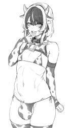 Rule 34 | 1boy, animal ears, animal print, bell, bikini, bulge, collar, cow ears, cow horns, cow print, cowbell, elbow gloves, gloves, greyscale, highres, horns, large penis, male focus, micro bikini, monochrome, multicolored hair, original, penis, side-tie bikini bottom, solo, swimsuit, thighhighs, tongue, tongue out, trap, xiangzi box