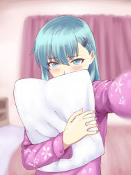 Rule 34 | 10s, 1girl, alternate costume, bed, blue eyes, blurry, blush, carrying, covering own mouth, depth of field, green hair, hair ornament, hairclip, ishii hisao, kantai collection, long hair, looking at viewer, pajamas, pillow, reaching, reaching towards viewer, selfie, solo, suzuya (kancolle)