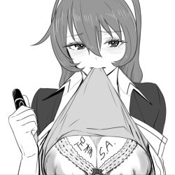 Rule 34 | 10s, 1girl, absurdres, ashigara (kancolle), ashigara kai ni (kancolle), blush, breasts, cleavage, clothes in mouth, clothes lift, commentary, gloves, greyscale, hair between eyes, hairband, highres, jacket, kantai collection, long hair, looking to the side, marker, monochrome, mouth hold, open clothes, open jacket, shadow, shirt in mouth, shirt lift, sidelocks, solo, tocky, translated, upper body, white background