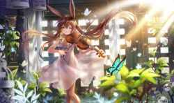 Rule 34 | 1girl, absurdres, alternate costume, amiya (arknights), animal ears, apple caramel, arknights, blue butterfly, blue eyes, blush, bow (music), bug, butterfly, collarbone, day, dress, feet out of frame, glowing flower, green ribbon, has bad revision, has downscaled revision, highres, holding, holding bow (music), insect, instrument, leaf, light rays, long hair, looking at viewer, md5 mismatch, music, parted lips, plant, playing instrument, rabbit ears, resolution mismatch, ribbon, see-through, see-through silhouette, sidelocks, sleeveless, sleeveless dress, solo, source smaller, standing, sunbeam, sundress, sunlight, twintails, very long hair, viola (instrument), water, water drop
