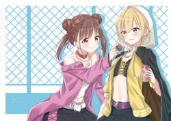 Rule 34 | 2girls, bare shoulders, blonde hair, blush, breasts, brown eyes, brown hair, cleavage, closed mouth, collar, collarbone, double bun, drink, fence, food, hair between eyes, hair bun, hair ornament, hair ribbon, hiiragi kei, holding, holding drink, holding food, hood, hood up, idolmaster, idolmaster shiny colors, jacket, jewelry, long sleeves, looking at object, medium breasts, medium hair, multiple girls, navel, necklace, off shoulder, open mouth, parted lips, purple eyes, red ribbon, ribbon, saijo juri, shirt, short hair, skirt, small breasts, smile, sonoda chiyoko, twintails