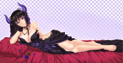 Rule 34 | 1girl, bare legs, bare shoulders, barefoot, bed, black dress, black gloves, black hair, bow, breasts, checkered background, choker, circlet, cleavage, dress, feet, female focus, flower, full body, gloves, goth fashion, hair flower, hair ornament, hair ribbon, hand on own cheek, hand on own face, head rest, head tilt, highres, hip focus, horns, indoors, jewelry, large breasts, light smile, looking at viewer, lying, necklace, no bra, on bed, on side, outline, petals, pillow, purple eyes, purple flower, purple rose, ribbon, rinkou no lemuria, rockmanwjh, rose, shion (lemuria), smile, solo, torn clothes, torn dress, tress ribbon