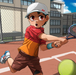 Rule 34 | 1boy, armband, ball, baseball cap, brown hair, fence, hat, highres, kaminosaki, male focus, nike (company), open mouth, original, outdoors, racket, red eyes, shoes, shorts, sneakers, solo, sportswear, sweatdrop, tennis, tennis ball, tennis court, tennis racket, tennis uniform