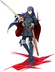 Rule 34 | 1girl, blue eyes, blue gloves, blue hair, cape, fingerless gloves, fire emblem, fire emblem awakening, gloves, highres, holding, holding sword, holding weapon, jewelry, long hair, looking at viewer, lucina (fire emblem), matching hair/eyes, nintendo, project x zone 2, simple background, solo, sword, thighhighs, tiara, weapon, white background