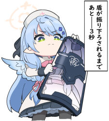 Rule 34 | &gt;:(, 1girl, biohazard symbol, black pantyhose, black skirt, blue archive, blue hair, blue wings, bow, breasts, chibi, closed mouth, commentary request, dress, feathered wings, gloves, green eyes, halo, hat, holding, holding shield, juliet sleeves, large breasts, light frown, long hair, long sleeves, mine (blue archive), nurse cap, nyaru (nyaru 4126), pantyhose, pink bow, pleated skirt, puffy sleeves, riot shield, shield, simple background, skirt, solo, standing, translation request, v-shaped eyebrows, very long hair, white background, white dress, white gloves, white hat, wings