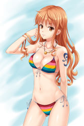 Rule 34 | 1girl, bikini, breasts, brown eyes, brown hair, cleavage, earrings, front-tie bikini top, front-tie top, jewelry, long hair, nami (one piece), necklace, one piece, one piece film: z, side-tie bikini bottom, solo, swimsuit, tattoo, vanilla (3304521)