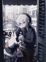 Rule 34 | 1boy, androgynous, balcony, blue eyes, book, cat, city, cityscape, gloves, hat, head rest, highres, journal, long sleeves, looking to the side, namiki itsuki, original, pale skin, pen, river, white hair