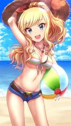 Rule 34 | 10s, 1girl, :d, arm up, armpits, ball, bare arms, bare shoulders, beach, beachball, belt, bikini, bikini under clothes, blonde hair, blue eyes, blue sky, blush, bracelet, breasts, cleavage, cloud, collarbone, commentary request, contrapposto, cowboy shot, day, denim, denim shorts, fingernails, flower, front-tie bikini top, front-tie top, green eyes, hair flower, hair ornament, hat, head tilt, highres, holding, holding ball, horizon, idolmaster, idolmaster cinderella girls, jewelry, legs apart, lens flare, long fingernails, long hair, medium breasts, mintol (qool+), multicolored bikini, multicolored clothes, necklace, o-ring, o-ring bikini, ohtsuki yui, open belt, open fly, open mouth, outdoors, ponytail, removing hat, ribbon, round teeth, short shorts, shorts, side-tie bikini bottom, sky, smile, solo, standing, star (symbol), straw hat, striped bikini, striped clothes, sunlight, sweat, swimsuit, teeth, thighs, unbuckled, unbuttoned, unzipped, water, white ribbon, zipper