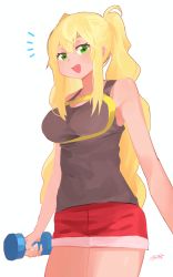 Rule 34 | 1girl, :d, absurdres, bare shoulders, blonde hair, breasts, cowboy shot, dumbbell, dumbbell nan kilo moteru?, green eyes, grey shirt, highres, holding, large breasts, long hair, looking at viewer, notice lines, open mouth, red shorts, ryusei hashida, sakura hibiki, shirt, short shorts, shorts, sidelocks, signature, simple background, smile, solo, twintails, white background
