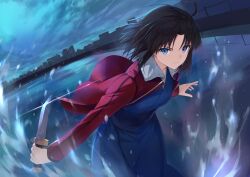 Rule 34 | 1girl, absurdres, black hair, blue eyes, blue kimono, closed mouth, commentary, cowboy shot, fighting stance, floating clothes, floating hair, glint, glowing, glowing eyes, highres, holding, holding knife, incoming attack, jacket, japanese clothes, kara no kyoukai, kimono, knife, long sleeves, looking at viewer, night, night sky, on roof, open clothes, open jacket, parted bangs, red jacket, reverse grip, rooftop, ryougi shiki, serious, short hair, sky, solo, standing, v-shaped eyebrows, yanagi marie