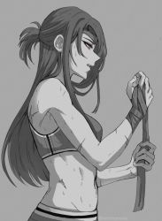 Rule 34 | 1girl, alternate costume, anhmaruwu, bare shoulders, beidou (genshin impact), eyepatch, from side, genshin impact, greyscale, hand wraps, long hair, monochrome, muscular, open mouth, red eyes, scar, scar on back, scar on stomach, sports bra, toned