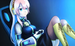 Rule 34 | 1girl, armband, black legwear, black shirt, black skirt, boots, breasts, chair, commentary, controller, cross-laced footwear, detached sleeves, dial, expressionless, game controller, gold footwear, gold trim, half-closed eyes, headphones, highres, holding, holding controller, holding game controller, knee boots, knees up, lace-up boots, leaning back, matsuhisa (ryo-tsuda1), medium breasts, megurine luka, pink hair, screen light, shirt, short sleeves, single detached sleeve, sitting, skirt, solo, triangle mouth, vocaloid