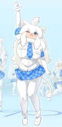 Rule 34 | 1girl, ahoge, animal ear fluff, animal ears, arm up, blue background, blue bow, blue necktie, blue skirt, blush, boots, bow, breasts, commentary request, footwear bow, full body, gloves, grey eyes, highres, jumping, kemono friends, large breasts, lets0020, lion ears, lion girl, lion tail, long hair, looking at viewer, medium bangs, necktie, numbered, one eye closed, open mouth, pantyhose, plaid, plaid necktie, plaid skirt, pleated skirt, skirt, smile, tail, white footwear, white gloves, white hair, white lion (kemono friends), white pantyhose