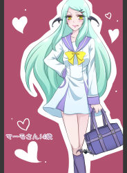 Rule 34 | 1girl, aged down, alternate costume, arm behind back, bag, bat wings, blush, crossed legs, dokidoki! precure, green hair, hair ornament, hairclip, head wings, heart, highres, kiraki, licking lips, long hair, mamo (dokidoki! precure), precure, school bag, school uniform, simple background, solo, standing, tongue, tongue out, wings, yellow eyes