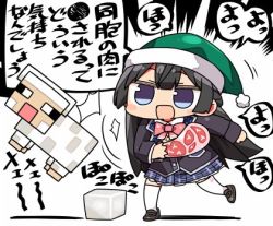 Rule 34 | 1girl, :d, animal, black footwear, black hair, black jacket, blazer, blue eyes, blue skirt, crossover, green hat, hat, holding, jacket, kanikama, loafers, long hair, lowres, minecraft, nijisanji, open mouth, plaid, plaid skirt, pleated skirt, santa hat, school uniform, sheep, shoes, skirt, slapping, smile, solo, standing, standing on one leg, thighhighs, translation request, tsukino mito, tsukino mito (1st costume), very long hair, virtual youtuber, white background, white thighhighs