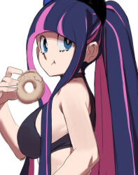 Rule 34 | 1girl, absurdres, alternate costume, alternate hairstyle, bare shoulders, blunt bangs, breasts, closed mouth, doughnut, eating, food, from side, grey background, highres, holding, holding food, large breasts, long hair, looking at viewer, multicolored hair, panty &amp; stocking with garterbelt, pink hair, ponytail, purple eyes, purple hair, sho-n-d, simple background, solo, stocking (psg), upper body
