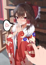 Rule 34 | 1girl, 1other, absurdres, alternate costume, anger vein, blush, bow, brown hair, floral print, hair bow, hair tubes, hakurei reimu, highres, japanese clothes, kimono, kirisame oreo, long sleeves, looking at viewer, new year, open mouth, outdoors, own hands together, red bow, red eyes, short hair, solo focus, speech bubble, spoken anger vein, touhou, trembling, wide sleeves