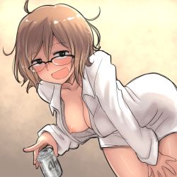 Rule 34 | 10s, 1girl, aaaa (quad-a), beer can, black eyes, blouse, blush, breasts, brown hair, can, dagashi kashi, downblouse, drink can, drunk, glasses, gradient background, highres, holding, holding beer, holding can, large breasts, leaning forward, looking at viewer, looking over eyewear, messy hair, nipple slip, nipples, open clothes, open mouth, open shirt, owari hajime, shirt, short hair, smile, solo, white shirt