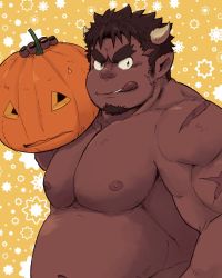 Rule 34 | 1boy, :q, bara, belly, brown hair, completely nude, cow boy, cow horns, dark-skinned male, dark skin, facial hair, from side, goatee, horns, jack-o&#039;-lantern, large pectorals, long sideburns, looking at viewer, male focus, mature male, muscular, muscular male, navel, nipples, nude, pectorals, scar, scar on arm, seductive smile, short hair, sideburns, smile, solo, tetsuox (housamo), thick eyebrows, tokyo houkago summoners, tongue, tongue out, very dark skin, yakiniku0141