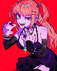 Rule 34 | 1girl, amane misa, arrow cross, bare shoulders, black dress, black nails, blonde hair, bracelet, choker, collar, cross, death note, detached sleeves, dress, earrings, garter straps, hair ornament, hairclip, highres, jewelry, long hair, looking at viewer, multiple piercings, nail polish, necklace, open mouth, par0llel, red background, red eyes, sharp teeth, smile, solo, spiked bracelet, spiked collar, spikes, teeth, thighhighs, two side up