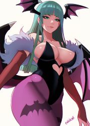 Rule 34 | 1girl, absurdres, animal print, artist name, bare shoulders, bat print, breasts, bridal gauntlets, chilichi5, cleavage, closed mouth, collarbone, commentary, demon girl, demon wings, feather trim, head wings, highleg, highleg leotard, highres, large breasts, leotard, lips, long hair, looking at viewer, low wings, morrigan aensland, pantyhose, shiny skin, signature, simple background, smile, strapless, strapless leotard, vampire (game), white background, wings