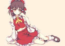 Rule 34 | 1girl, ascot, black footwear, bobby socks, bow, brown hair, closed mouth, detached sleeves, dise (psychoro), expressionless, frilled bow, frilled shirt collar, frilled skirt, frills, hair bow, hair tubes, hakurei reimu, mary janes, red bow, red shirt, red skirt, ribbon-trimmed sleeves, ribbon trim, shirt, shoes, short hair, sidelocks, simple background, skirt, skirt set, socks, solo, touhou, white socks, yellow ascot, yellow background, yellow eyes