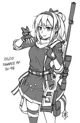 Rule 34 | 1girl, animal, animal on hand, belt, bolt action, bow, bug, butterfly, butterfly on hand, character name, dated, fingerless gloves, girls&#039; frontline, gloves, greyscale, gun, hair between eyes, hair bow, hand up, highres, holding strap, insect, jacket, looking away, monochrome, ndtwofives, parted lips, rifle, scope, short sleeves, simple background, single thighhigh, skirt, sniper rifle, solo, sv-98, sv-98 (girls&#039; frontline), thighhighs, weapon, white background