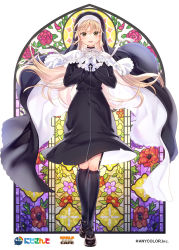 Rule 34 | 1girl, :d, black dress, black footwear, black socks, brown eyes, commentary request, dress, fujima takuya, full body, gloves, habit, hair between eyes, interlocked fingers, kneehighs, light brown hair, long hair, long sleeves, looking at viewer, nijisanji, nun, official art, open mouth, own hands clasped, own hands together, puffy long sleeves, puffy sleeves, shoes, sister claire, sister claire (1st costume), smile, socks, solo, stained glass, standing, veil, very long hair, virtual youtuber, watermark, white gloves