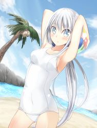 Rule 34 | 1girl, armpits, arms behind head, arms up, bad id, bad nicoseiga id, ball, beach, beachball, blue eyes, blush, cloud, coconut tree, covered navel, day, hako roku, long hair, looking at viewer, ocean, one-piece swimsuit, original, outdoors, palm tree, school swimsuit, silver hair, sky, solo, swimsuit, tree, very long hair, white school swimsuit, white one-piece swimsuit