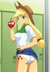 Rule 34 | 1girl, apple, applejack, ass, blonde hair, blush, cowboy hat, cutie mark, food, freckles, fruit, green eyes, hat, highres, holding, jiyuuyuu, locker, looking at viewer, my little pony, my little pony: equestria girls, my little pony: friendship is magic, open mouth, panties, personification, ponytail, sidelocks, smile, solo, underwear, white panties