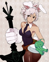 Rule 34 | 1boy, 1girl, 2gold, alternate costume, animal ears, battle bunny riven, belt, black eyes, breasts, cleavage, detached collar, fake animal ears, folded ponytail, frown, gloves, grey hair, holding, holding weapon, league of legends, leotard, pantyhose, playboy bunny, rabbit ears, rabbit tail, riven (league of legends), short hair, sword, tail, weapon, zac (league of legends)