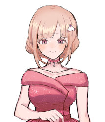 Rule 34 | 1girl, alternate hairstyle, arm at side, bare shoulders, blunt bangs, blush, braid, breasts, choker, closed mouth, collarbone, commentary request, danganronpa (series), danganronpa 10th anniversary costume, danganronpa 2: goodbye despair, dress, earrings, grey background, hair ornament, hairclip, hand up, highres, jewelry, large breasts, light brown hair, looking at viewer, mochi (yuriraru), nanami chiaki, official alternate costume, pink choker, pink dress, pink eyes, short hair, short sleeves, simple background, sketch, smile, solo, spaceship hair ornament, upper body, white background