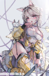 Rule 34 | 1girl, absurdres, animal ears, arknights, blush, breasts, cleavage, grey background, grey eyes, grey hair, hair bun, half-closed eyes, hand up, highres, holding, jacket, kazemaru (arknights), kneeling, leotard, long sleeves, medium breasts, open clothes, open jacket, oreshki, parted bangs, parted lips, puffy long sleeves, puffy sleeves, saliva, single hair bun, solo, tongue, tongue out, torn clothes, torn legwear, white leotard, yellow jacket, yellow legwear
