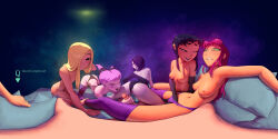 Rule 34 | 1boy, 360 panorama, 5girls, absurdres, adjusting hair, all fours, artist name, ass, bisexual female, black gloves, black leotard, black panties, blackfire, blue eyes, blush stickers, clothing aside, colored sclera, commentary, dc comics, elbow gloves, english commentary, faceless, faceless male, fingering, from behind, gloves, green eyes, green sclera, group sex, half-closed eyes, hand in bikini, hand in panties, handjob, highres, holding another&#039;s leg, imminent fellatio, imminent penetration, imminent vaginal, incest, jinx (dc), leotard, leotard aside, long sleeves, looking at another, looking at viewer, looking back, multiple girls, navel, on bed, orange skirt, pale skin, panorama, panties, pantyhose, parted lips, penis, pillow, pink eyes, pink hair, pov, purple hair, purple pantyhose, purple thighhighs, pussy, pussy juice, pussy juice trail, pussy peek, queen complex, raven (dc), red hair, short hair, siblings, sisters, skirt, slit pupils, smile, starfire, striped clothes, striped pantyhose, teen titans, terra (dc), thighhighs, thighs, tongue, tongue out, topless, underwear, underwear only, watermark, web address, white panties