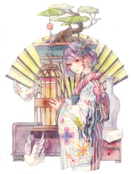 Rule 34 | 1girl, back bow, bird, bonsai, bow, cage, chinese commentary, commentary request, cowboy shot, drawer, flower knot, folding fan, hair bow, hand fan, holding, holding cage, huangpi sang, japanese clothes, kimono, long sleeves, looking at animal, obi, original, painting (medium), pink bow, plant, potted plant, red bow, red eyes, sash, short hair, simple background, sleeves past wrists, solo, striped clothes, striped kimono, traditional media, vase, vertical-striped clothes, vertical-striped kimono, vertical-striped sleeves, watercolor (medium), white background, white bird, white kimono, white sleeves, wide sleeves, yukata