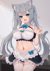 Rule 34 | 1girl, :d, absurdres, animal ears, apron, bare shoulders, black skirt, blue bow, blue eyes, blush, bow, breasts, cat ears, cat girl, cat tail, cleavage, commentary request, ear piercing, fang, frilled apron, frilled skirt, frills, garter straps, grey hair, hair ornament, hairclip, hand up, highres, hinata (user rjkt4745), large breasts, long hair, looking at viewer, maid, navel, navel piercing, open mouth, original, piercing, puffy short sleeves, puffy sleeves, short sleeves, skirt, smile, solo, tail, thighhighs, twintails, very long hair, waist apron, white apron, white thighhighs