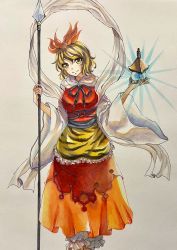 Rule 34 | 1girl, animal print, blonde hair, bow, facing viewer, ghmfly8 (mitou), hair ornament, highres, holding, holding weapon, pagoda, polearm, smile, spear, tiger print, toramaru shou, touhou, traditional media, weapon, yellow eyes