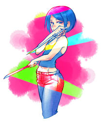 Rule 34 | 1girl, arm up, blue eyes, blue hair, blue jeans, blue tank top, breasts, danganronpa: trigger happy havoc, danganronpa (series), ears, eyebrows, eyelashes, freckles, hand up, hiraga na, holding, holding sword, holding weapon, ikusaba mukuro, looking at viewer, multicolored background, navel, nose, open mouth, parted bangs, parted hair, pink background, simple background, small breasts, solo, standing, sword, tank top, weapon, white background