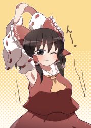 1girl armpits arms_up ascot blush bow brown_eyes brown_hair closed_mouth collared_shirt commentary_request detached_sleeves frilled_bow frilled_hair_tubes frills hair_bow hair_tubes hakurei_reimu highres looking_at_viewer one_eye_closed red_bow red_shirt red_skirt ribbon-trimmed_sleeves ribbon_trim rokugou_daisuke shirt short_hair sidelocks signature skirt skirt_set sleeveless sleeveless_shirt solo stretching touhou upper_body white_sleeves yellow_ascot