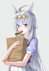 Rule 34 | 1girl, absurdres, ahoge, animal ears, bag, blue eyes, blue shirt, carrot, colored tips, commentary, expressionless, eyes visible through hair, food in mouth, grey background, grey hair, hair between eyes, hairband, hand up, highres, holding, holding bag, horse ears, horse girl, long hair, looking at viewer, moon (restire), multicolored hair, oguri cap (umamusume), paper bag, pleated skirt, ring hair ornament, shirt, shirt tucked in, short sleeves, skirt, solo, umamusume, upper body, very long hair, white hair, white skirt, yellow hairband