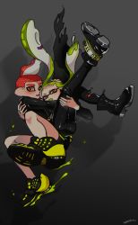 Rule 34 | 1boy, 1girl, agent 3 (splatoon), agent 8 (splatoon), ankle boots, bike shorts, black cape, black footwear, black pants, black shirt, black shorts, blunt bangs, boots, cape, carrying, colored tongue, commentary, dated, falling, fang, green hair, green tongue, grey background, half-closed eyes, highres, inkling, inkling girl, inkling player character, long hair, midriff, mohawk, nintendo, octoling, octoling boy, octoling player character, open mouth, orange eyes, pants, princess carry, red eyes, red hair, shadow, shirt, shoes, short hair, shorts, single vertical stripe, splatoon (series), splatoon 1, splatoon 2, splatoon 2: octo expansion, squidbeak splatoon, suction cups, tentacle hair, torn cape, torn clothes, yellow footwear, yeneny