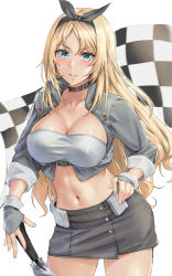 Rule 34 | 1girl, adapted costume, belt, belt buckle, black belt, blonde hair, blue eyes, blush, breasts, buckle, cleavage, collarbone, cowboy shot, headgear, highres, kantai collection, kokuzou, large breasts, long hair, long sleeves, navel, nelson (kancolle), simple background, solo, umbrella, white background