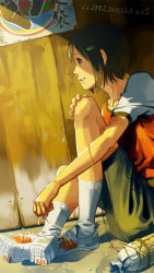 Rule 34 | 1girl, bag, brown eyes, brown hair, casual, fence, green shorts, hair ornament, hairclip, hand on own knee, handbag, knees up, looking ahead, on ground, orange footwear, orange shirt, original, osomaki nagara, parted lips, ponta (osomaki nagara), poster (object), shaded face, shadow, shirt, shoelaces, shoes, short hair, shorts, sitting, smile, sneakers, solo, t-shirt, tomboy, two-tone shirt, tying shoes, watermark, web address, white footwear, wooden fence