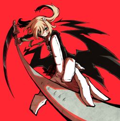 Rule 34 | 1girl, absurdres, bags under eyes, blonde hair, cardigan, gloves, green eyes, hair ornament, highres, holding, holding scythe, holding weapon, huge weapon, incoming attack, kekel, maka albarn, necktie, red background, scythe, skull hair ornament, sleeve cuffs, soul eater, striped necktie, twintails, weapon, white gloves