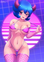 Rule 34 | 1girl, absurdres, bikini, blue background, blue hair, blush, borrowed character, breasts, cleavage, collarbone, detached sleeves, fishnets, grid, grid background, highleg, highleg bikini, highleg swimsuit, highres, horns, large breasts, looking at viewer, navel, open mouth, pink bikini, pink eyes, pink thighhighs, short hair, smile, standing, strap pull, swimsuit, synthwave, teeth, thighhighs, zel-sama