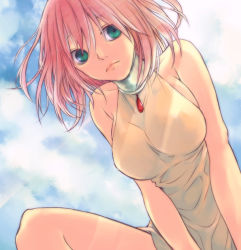 Rule 34 | 1990s (style), 1girl, bare shoulders, breasts, choker, cloud, dress, female focus, final fantasy, final fantasy v, green eyes, h・a・jim, lenna charlotte tycoon, outdoors, pink hair, short hair, sky, solo