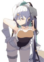 Rule 34 | 1girl, aqua hat, black one-piece swimsuit, black ribbon, brown eyes, candy, competition swimsuit, cowboy shot, food, garrison cap, gloves, grey hair, hair ornament, hair ribbon, hat, highleg, highleg swimsuit, ichiroku (sakumogu-029), kantai collection, leaning forward, lollipop, long hair, looking to the side, mouth hold, one-piece swimsuit, ribbon, scamp (kancolle), short shorts, shorts, side ponytail, simple background, solo, standing, star (symbol), star hair ornament, swimsuit, torn clothes, torn shorts, white background, white gloves, white shorts